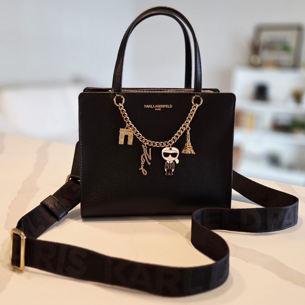 Karl Lagerfeld Black Saffiano Leather Satchel Crossbody with Gold Hardware - Picture 4 of 13
